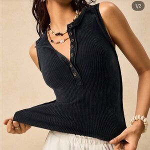 Hippie Rose Black Wash Ribbed Button-Front Top